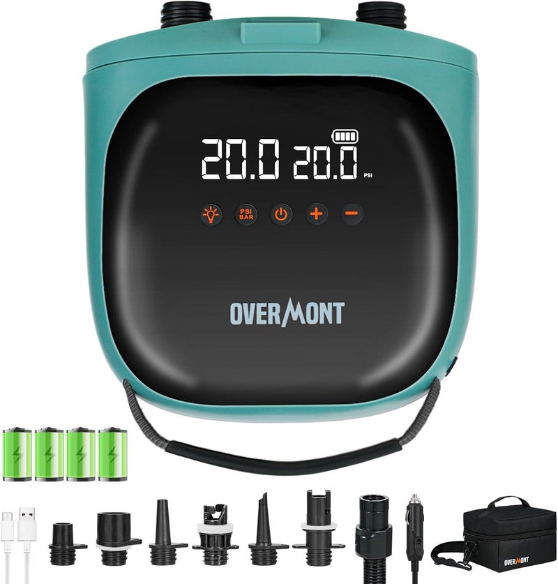 Overmont مضخة لوح التجديف الكهربائية المحمولة، 20 PSI مضخة هواء SUP مع إيقاف تلقائي، تضخيم وتفريغ سريع مزدوج، شاشة LCD، محول سيارة 12 فولت للنفخ، الكاياك، القوارب، الخيام - Image 1